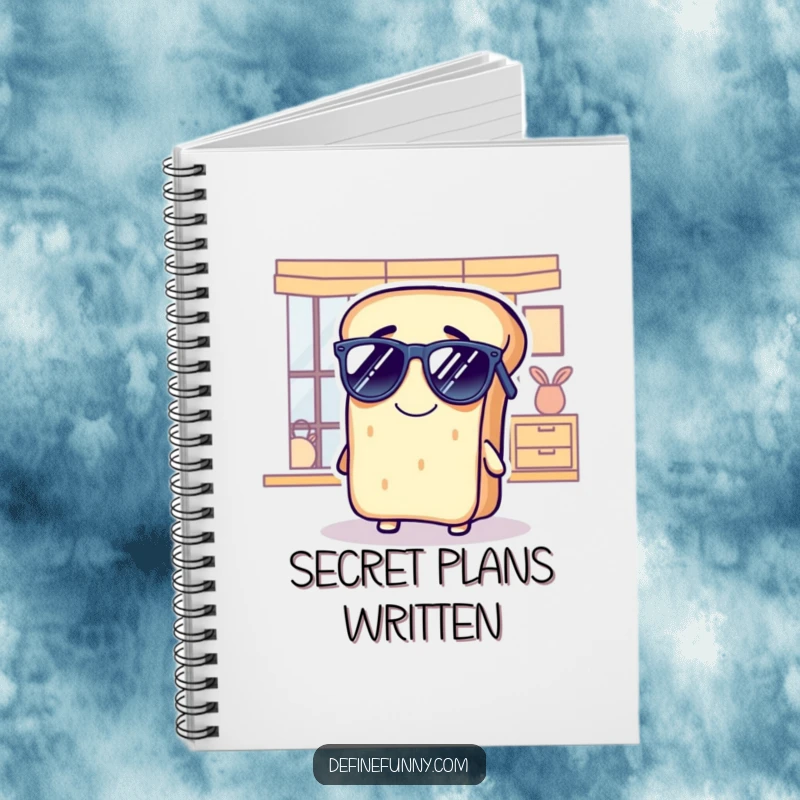 Funny bread notebook with a grinning loaf comically wearing sunglasses indoors, great for journaling cool ideas.