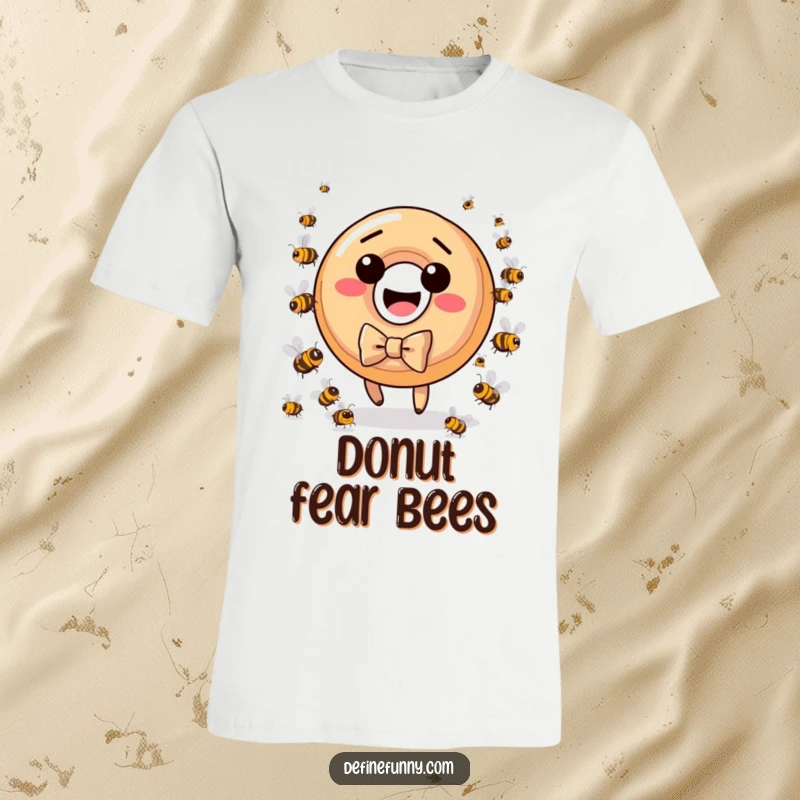 Funny donut character with bow tie fleeing angry bees, printed on a soft t-shirt, a humorous gift.