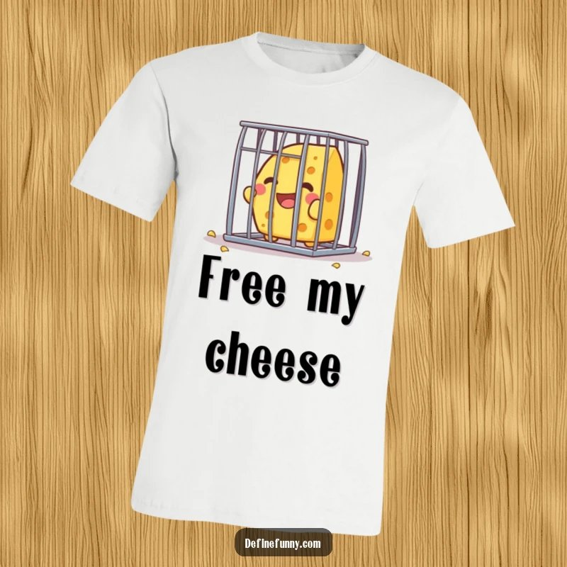 Funny Kawaii cheese character, full of glee, trying to bust out of a tiny cage, depicted on a t-shirt.
