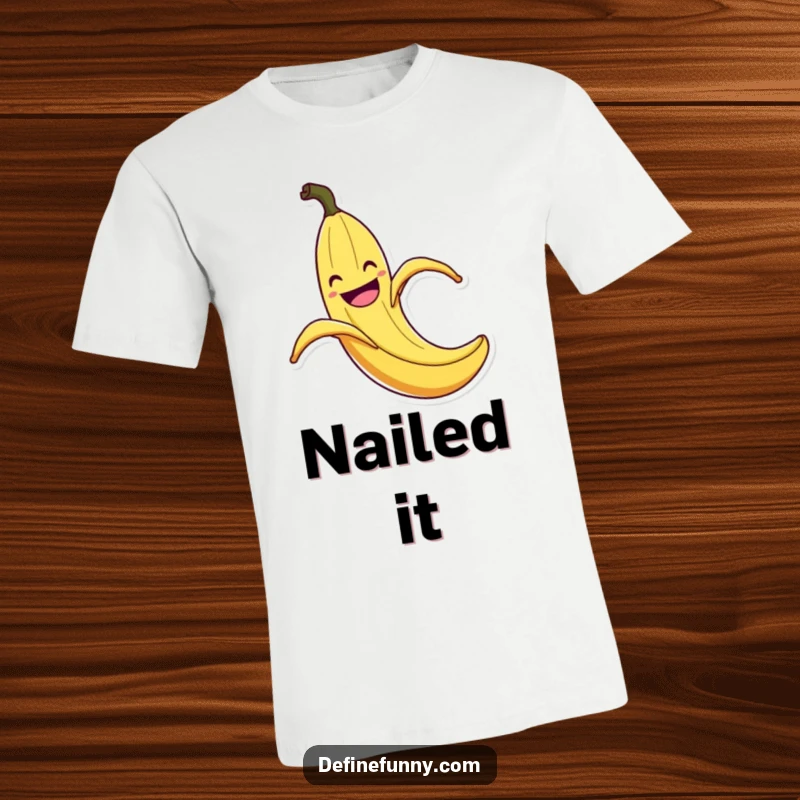 Funny Banana Peel Slip T-Shirt: Soft cotton tee showing a grinning banana peel comically slipping on its own peel with over-the-top flair, a funny statement.