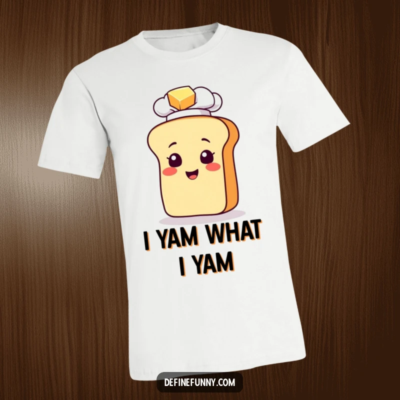 Funny t-shirt with a cheerful bread loaf character in a chef hat slipping on butter, showcasing culinary comedy and relatable fails.