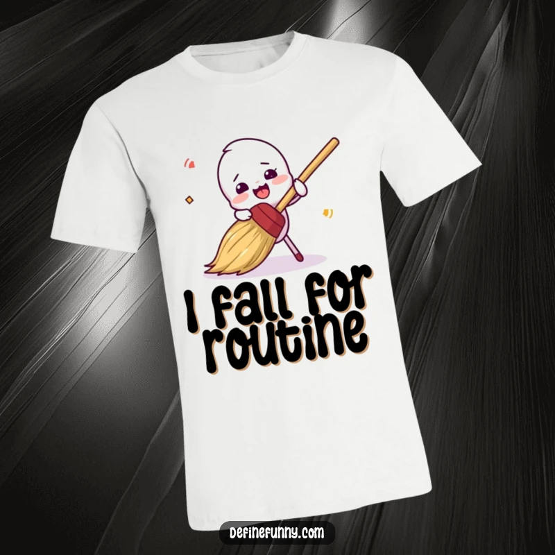 Funny, clumsy broom character hilariously tripping on its bristles, printed on a t-shirt, a fantastic funny gift.