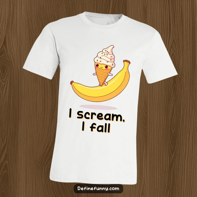 Funny Ice Cream Cone T-Shirt: A clumsy, sprinkle-covered character hilariously slipping on a giant banana peel, a fun graphic tee.