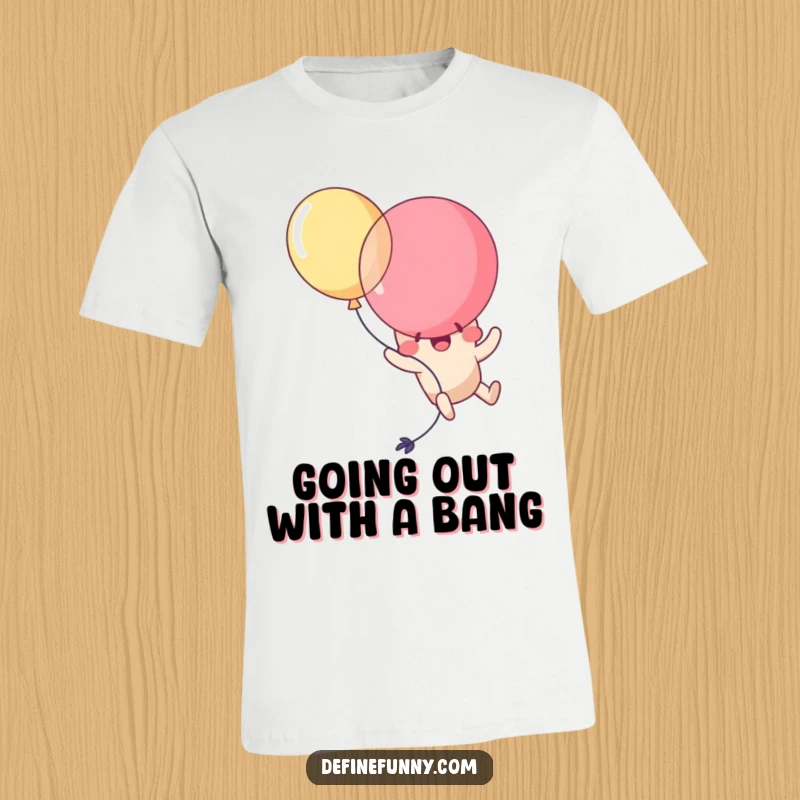 Funny Kawaii balloon character comically popping itself while attempting to fly, looking startled and amused. A humorous tee.