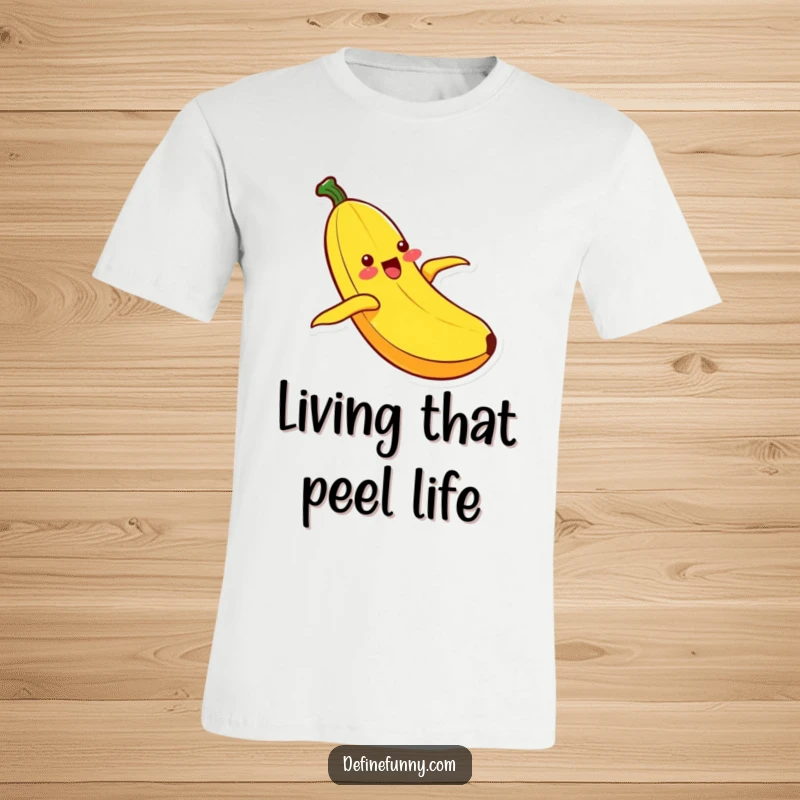 Funny Kawaii banana character in mid-slide down its peel, looking utterly ecstatic and full of joy on a t-shirt.