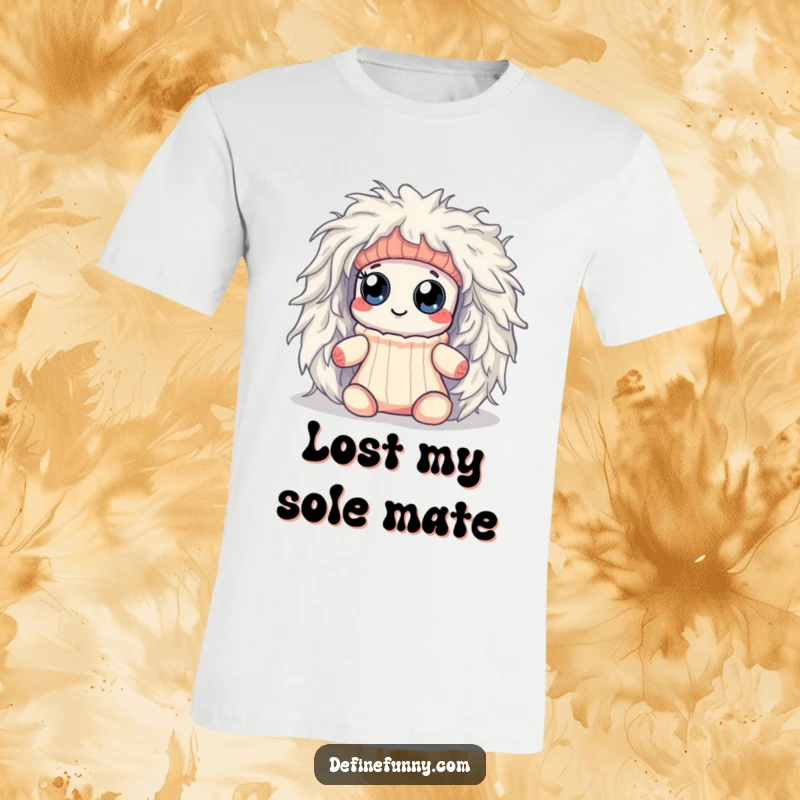 Funny Kawaii sock with googly eyes, trapped by a menacing dryer lint monster, featured on a t-shirt for comedic effect.