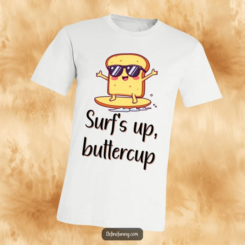 Funny Kawaii toast character in sunglasses surfing a giant crumb, looking cool and comical on a t-shirt, perfect for beach lovers.