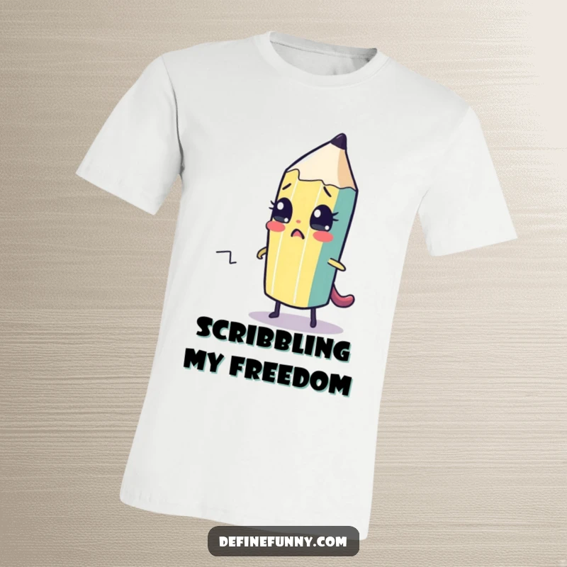 Funny T-shirt of a cute, sentient pencil character nervously sketching its own escape path. Humorous art supplies theme.