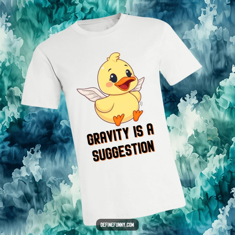 Funny rubber duck character with tiny paper wings, enthusiastically trying to fly, printed on a comfortable t-shirt, a great funny gift.