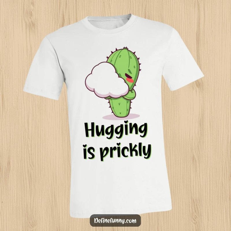 Funny Kawaii cactus character, visibly uncomfortable, trying to hug a fluffy cloud, featured on a t-shirt.