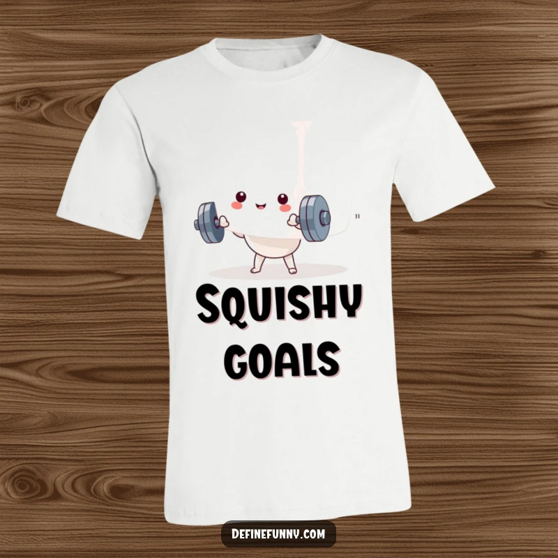 Funny Kawaii dumbbell character straining to lift an impossibly large marshmallow, on a humorous t-shirt. A funny gym shirt.