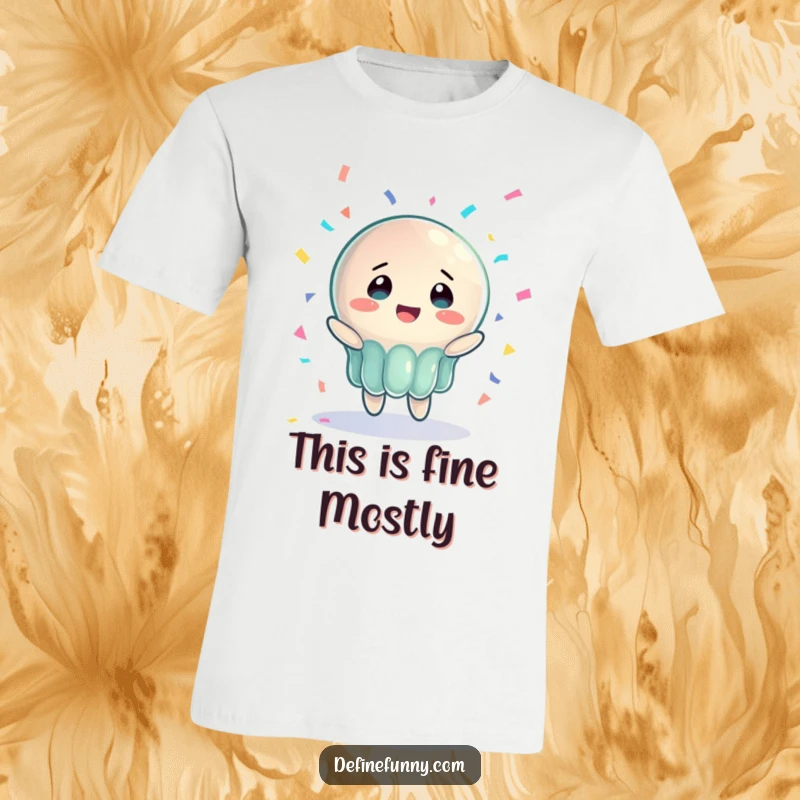 Funny t-shirt featuring a bewildered jelly character with joyful eyes attempting to catch a massive falling piano, a hilarious gift.