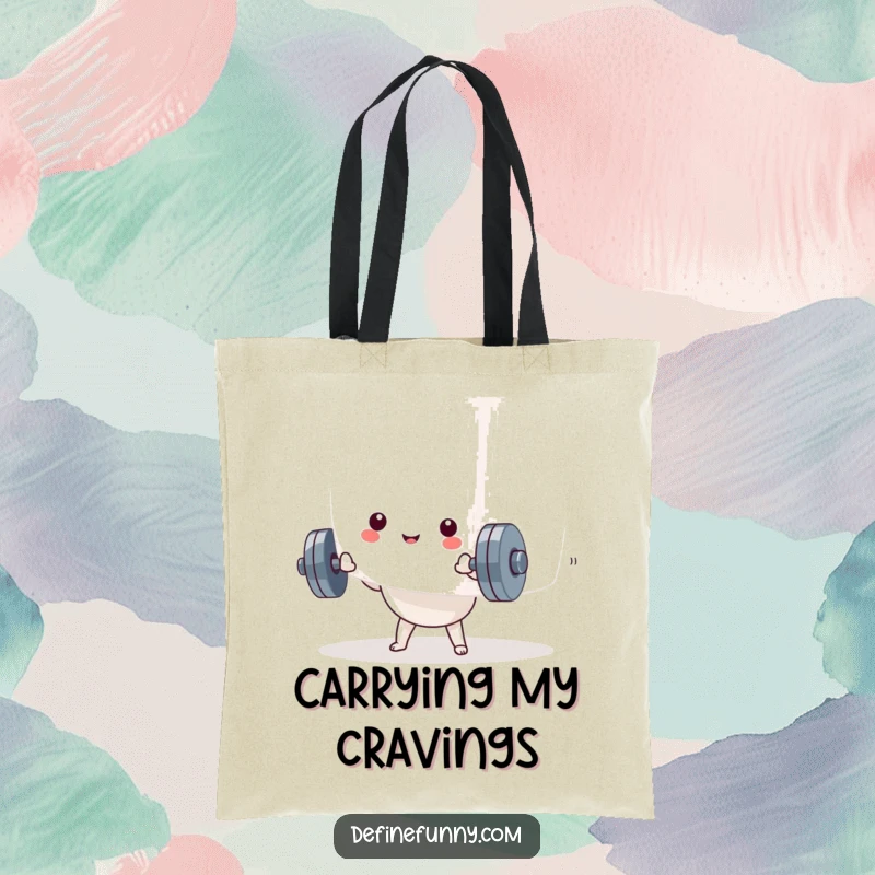 Funny Kawaii dumbbell character trying to lift a huge marshmallow on a durable, humorous tote bag. A funny accessory.