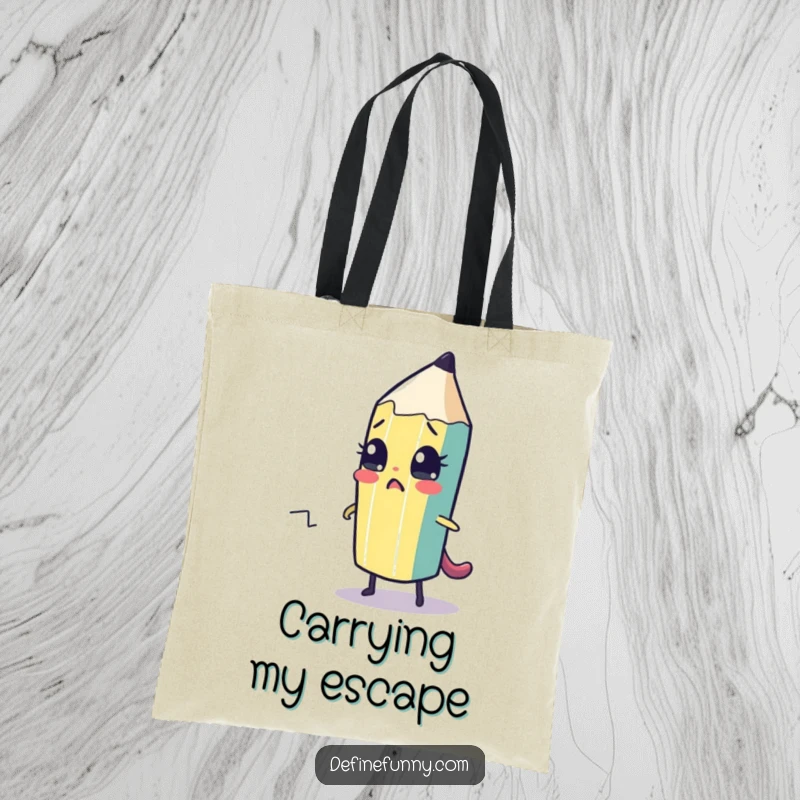 Funny tote bag with a cute pencil character nervously drawing its escape route. Practical for carrying art supplies.
