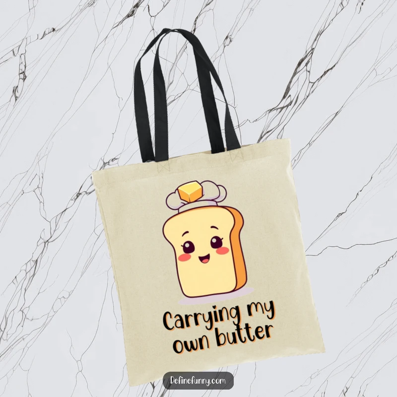 Funny tote bag featuring a bread loaf character in a chef hat slipping on butter, perfect for carrying groceries with humor.