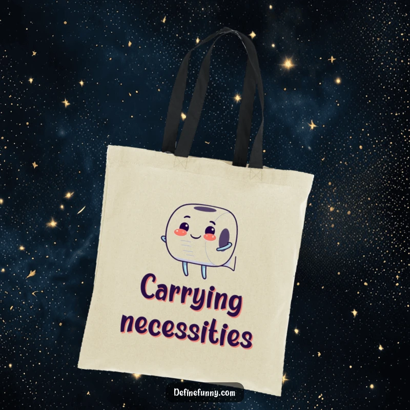 Funny Tote Bag: Cheerful toilet paper roll character unrolling itself with glee, humorously depicting a readiness for anything and everyday tasks.