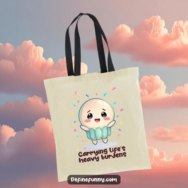Funny tote bag featuring a wobbly jelly character with bewildered joy trying to catch a falling piano, a perfect humorous gift accessory.