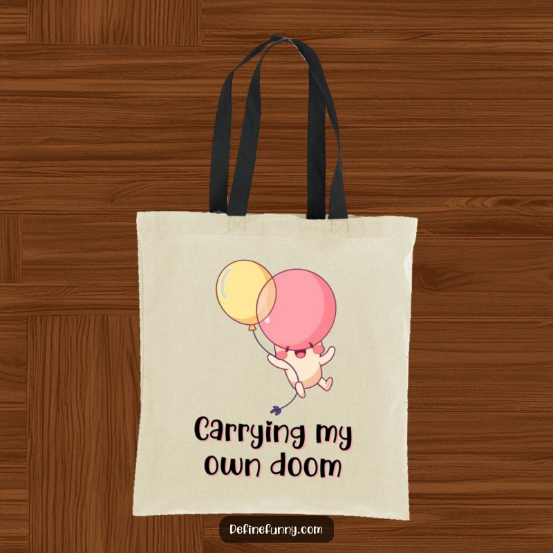 Funny Kawaii balloon character comically popping itself while trying to fly, depicted on a durable tote bag. A humorous accessory.