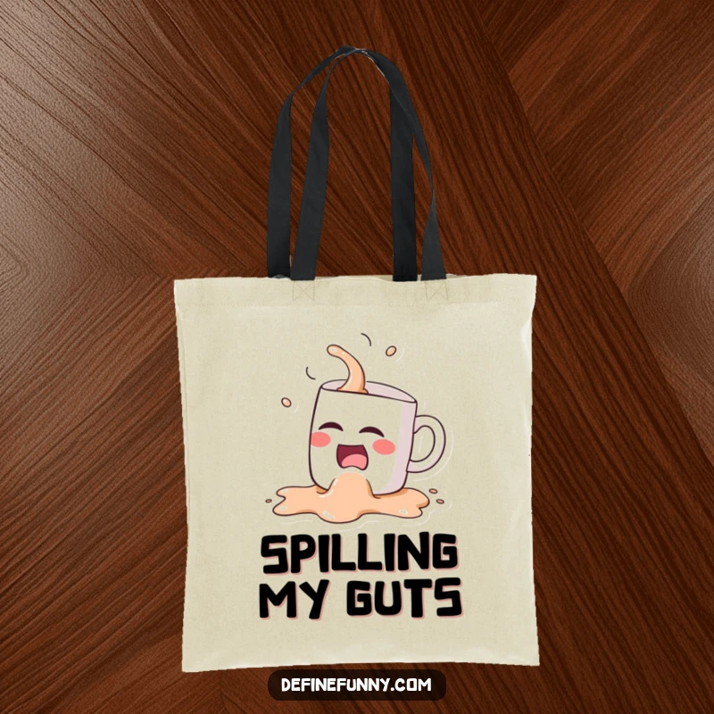 Funny Kawaii coffee mug character, spilling its contents while laughing hysterically, on a stylish and humorous tote bag.