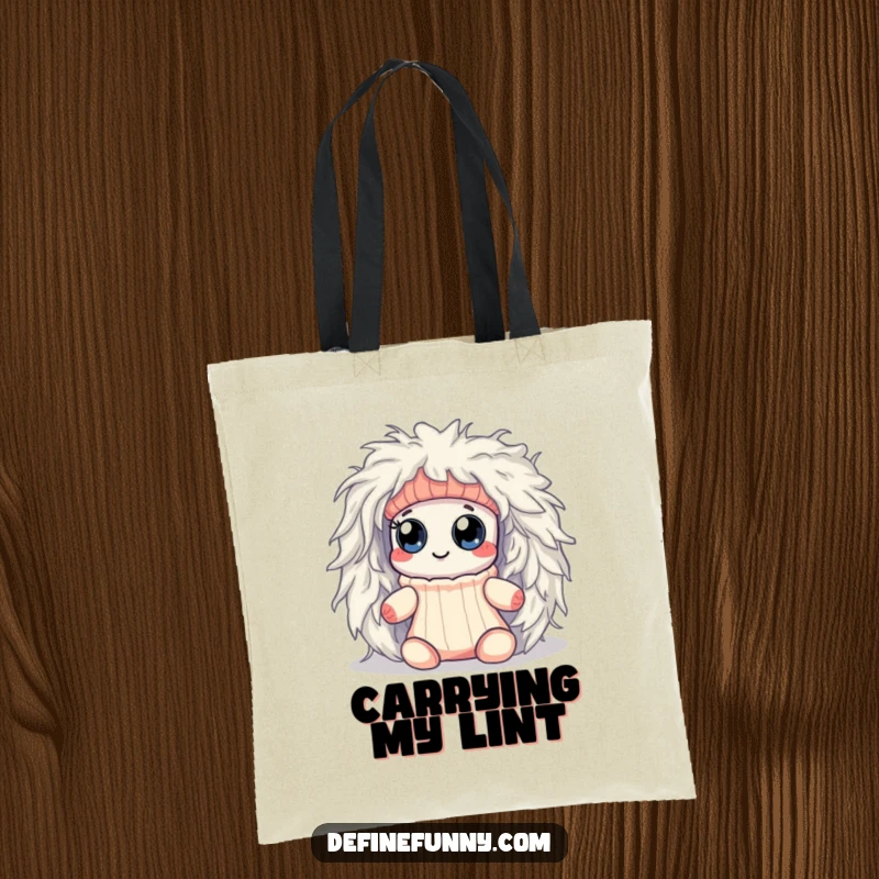 Funny Kawaii sock character with googly eyes, comically ensnared by a giant dryer lint monster, on a handy tote bag.