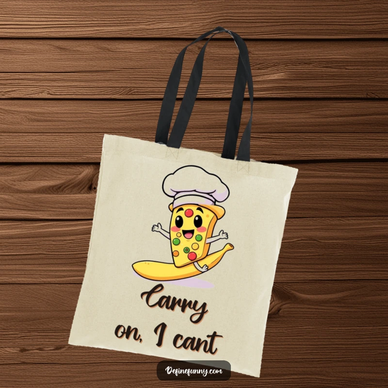 Funny tote bag with a pizza slice chef character slipping on a banana peel, useful and humorous.