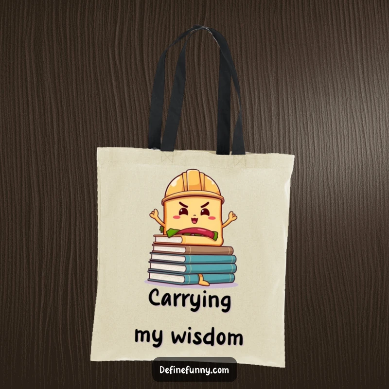 Funny Sandwich Hard Hat Tote Bag: A determined sandwich with a hard hat carrying wobbly books, a practical and funny bag.