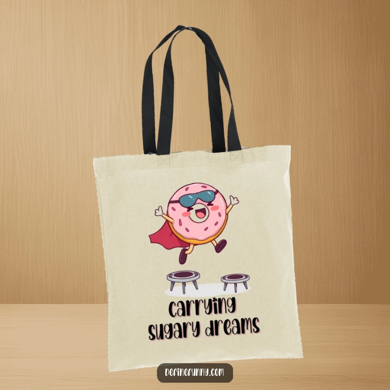 Funny tote bag with a giggling donut superhero in a cape leaping high over miniature trampolines, a playful design.