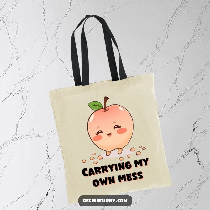 Funny apple character, tripping and scattering seeds, cute tote bag, carrying humor and essentials, perfect gift.